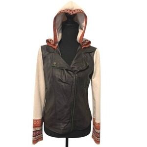 Others Follow Womens M Faux Leather Moto Hooded Jacket Aztec Trim‎ Black